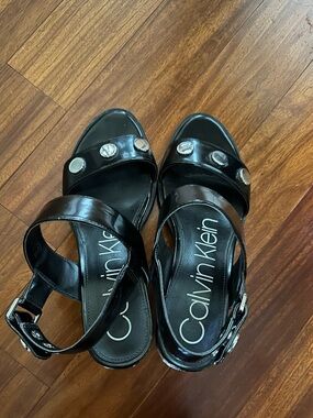 Calvin Klein Black Patent Stud-Accent Ankle Strap Sandals
